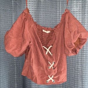 Cropped tie front off the shoulder blouse